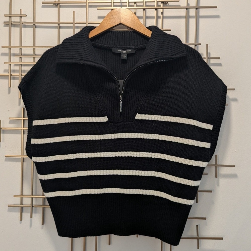Marc New York Sweater Vest Black Ivory Striped Quarter Zip Sz L Preppy Chic